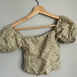 Abercrombie & Fitch Green Puff Sleeve Crop Blouse